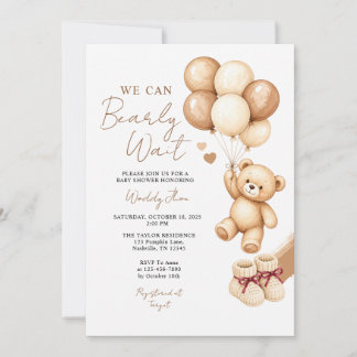 We Can Bearly Wait Bear With Baloon Baby Shower Invitation