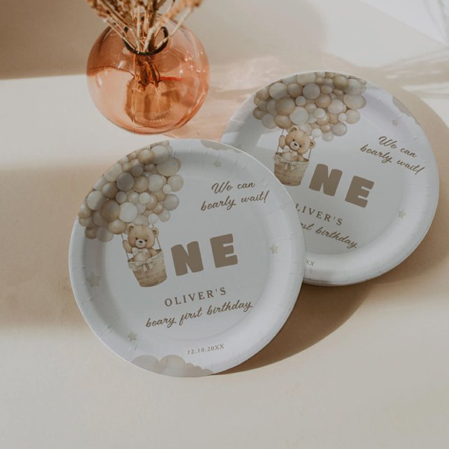 We Can Bearly Wait Beige Balloons 1st Birthday Paper Plates (Creator Uploaded)