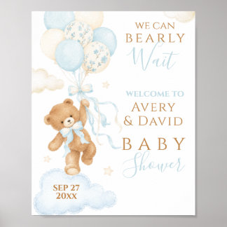 We Can Bearly Wait Blue Baby Shower Boy Poster
