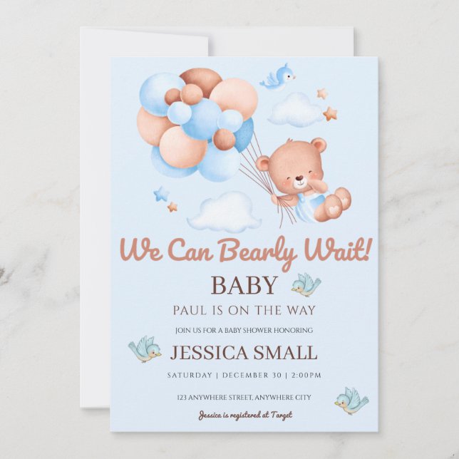 We Can Bearly Wait Blue Baby Shower Invitation (Front)