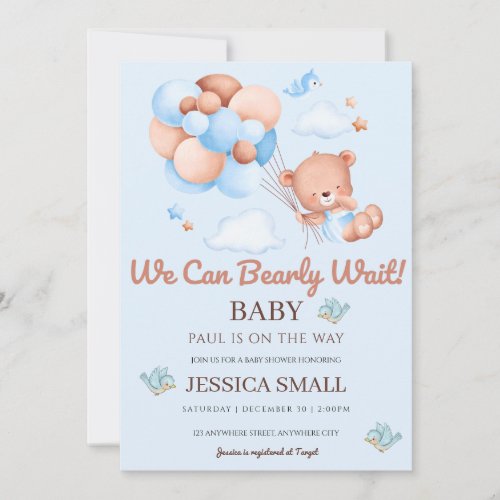 We Can Bearly Wait Blue Baby Shower Invitation