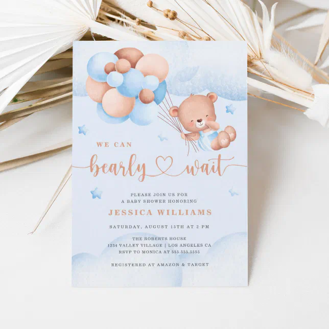We Can Bearly Wait Blue Baby Shower Invitation | Zazzle