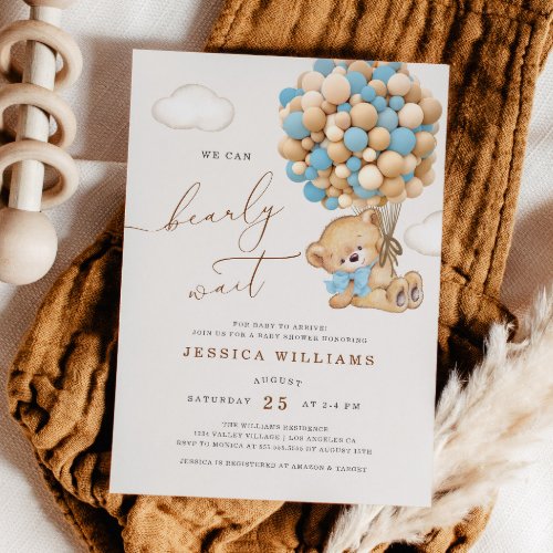 We Can Bearly Wait Blue Baby Shower Invitation