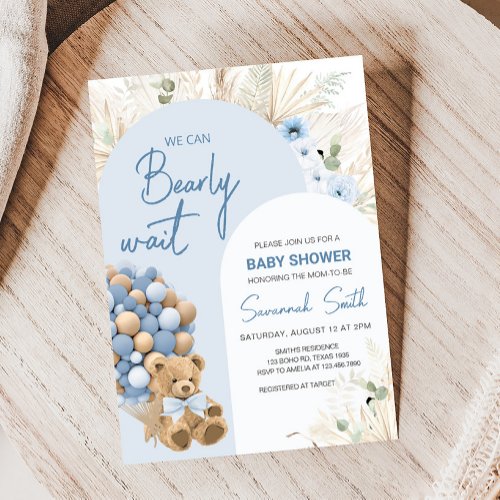 We Can Bearly Wait Blue Baby Shower Invitation