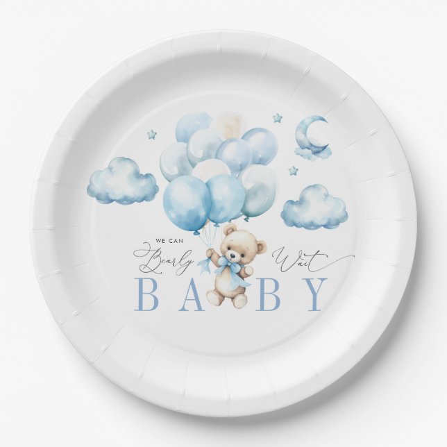 We Can Bearly Wait Blue Baby Shower Paper Plates (Front)