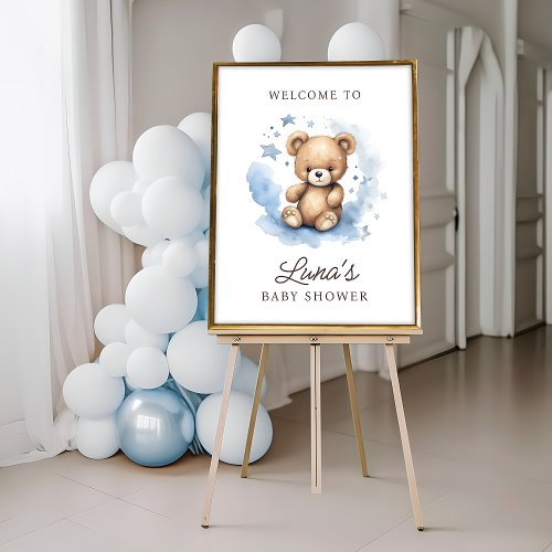 We Can Bearly Wait Blue Baby Shower Welcome Poster