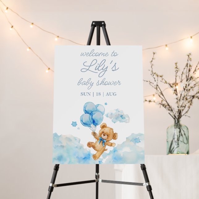 We Can Bearly Wait Blue Baby Shower Welcome Sign (In Situ (Stand))