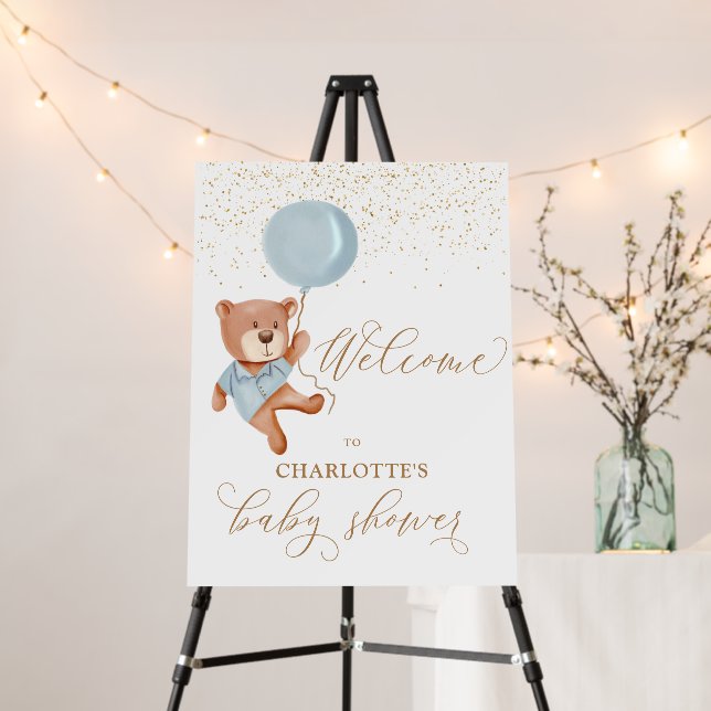 We Can Bearly Wait Blue Baby Shower Welcome Sign (In Situ (Stand))