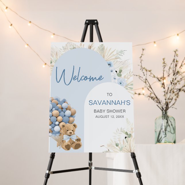 We Can Bearly Wait Blue Baby Shower Welcome Sign (In Situ (Stand))