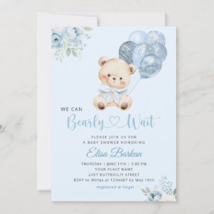 We Can Bearly Wait Blue Balloon Boy Baby Shower Invitation