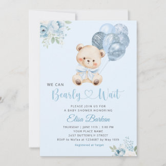 We Can Bearly Wait Blue Balloon Boy Baby Shower Invitation