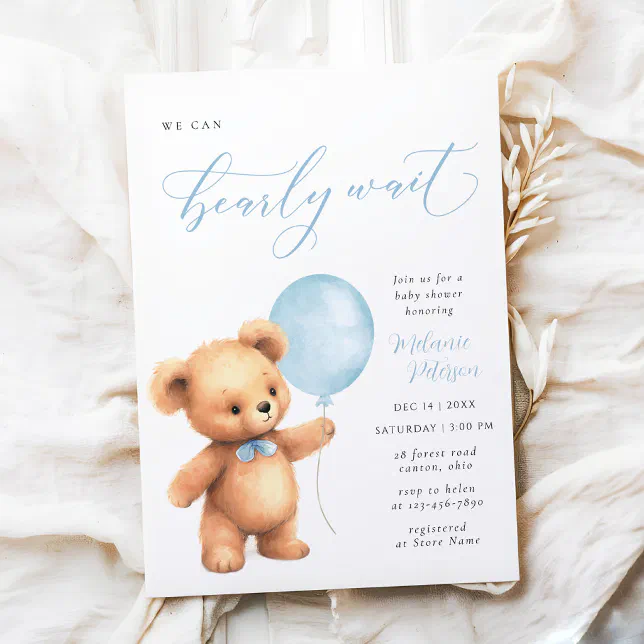 We Can Bearly Wait Blue Balloon Boy Baby Shower Invitation | Zazzle