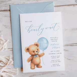 We Can Bearly Wait Blue Balloon Boy Baby Shower Invitation