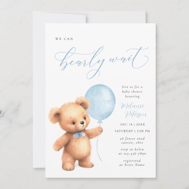 We Can Bearly Wait Blue Balloon Boy Baby Shower Invitation (Front)