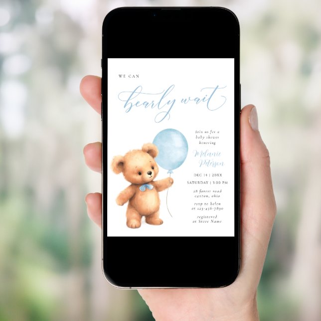 We Can Bearly Wait Blue Balloon Boy Baby Shower Invitation (Front Digital)