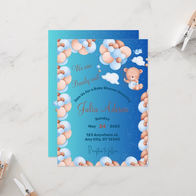 We Can Bearly Wait Blue Balloon Boy Baby Shower Invitation (Front/Back In Situ)