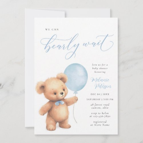 We Can Bearly Wait Blue Balloon Boy Invitation
