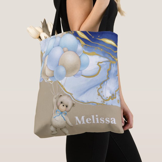 We can bearly wait blue balloon personalize tote bag (Creator Uploaded)