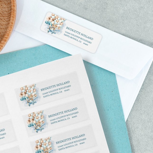 We Can Bearly Wait Blue Balloons Baby Shower Label (We can bearly wait address labels, baby shower, cute teddy bear, blue balloons)