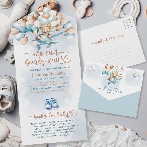 We Can Bearly Wait Blue Balloons Teddy Bear All In One Invitation