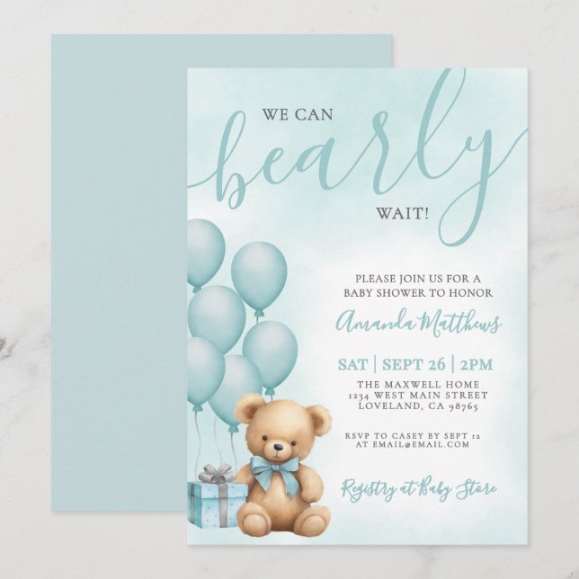 We Can Bearly Wait Blue Bear Baby Shower Invitation (Front/Back)