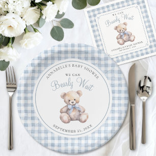 We Can Bearly Wait Blue Bear Baby Shower Paper Plates