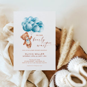 We Can Bearly Wait Blue Bear Balloon Baby Shower Invitation