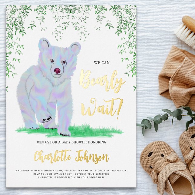 We Can Bearly Wait Blue Bear Woodland Floral Gold  Foil Invitation (We can bearly wait cute bluewatercolor bear cub gold foil baby shower invitation)