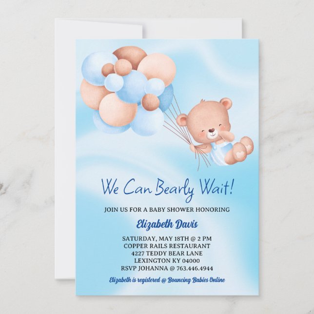We Can Bearly Wait Blue Beige Boy Baby Shower  Invitation (Front)