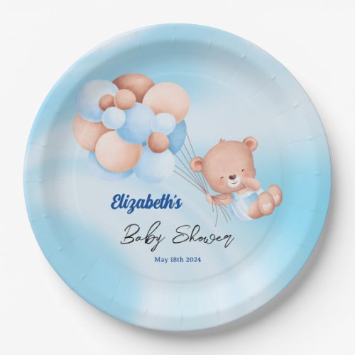 We Can Bearly Wait Blue Beige Boy Baby Shower Paper Plates