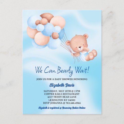 We Can Bearly Wait Blue Beige Boy Baby Shower  Postcard