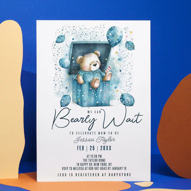 We Can Bearly Wait Blue Box Bear Boy Baby Shower Invitation | Zazzle