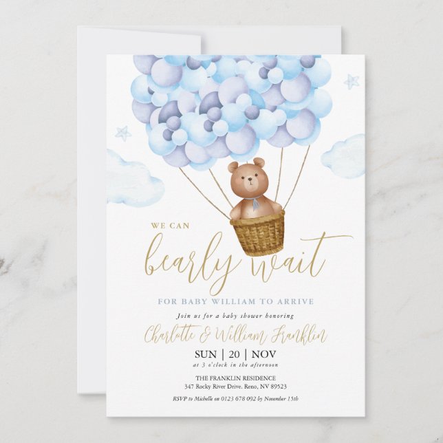 We Can Bearly Wait Blue Boy All In One Baby Shower Invitation (Front)