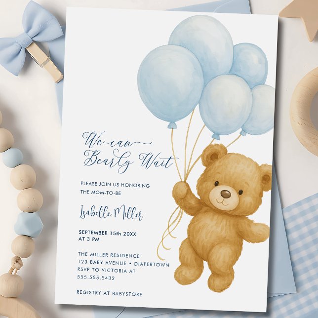 We Can Bearly Wait Blue Boy Baby Shower Invitation (We can Bearly Wait boy Baby Shower Invitation)