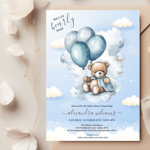 We Can Bearly Wait Blue Boy Baby Shower Invitation