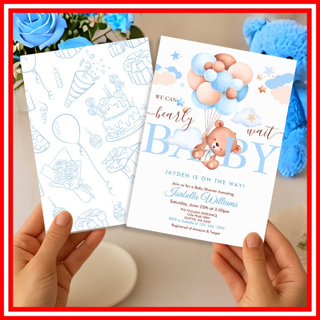 We Can Bearly Wait Blue Boy Baby Shower Invitation (Creator Uploaded)