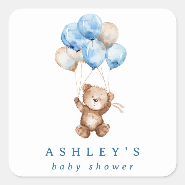 We Can Bearly Wait Blue Boy Bear Baby Shower Square Sticker (Front)