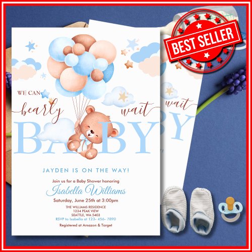 We Can Bearly Wait  Blue Boy Bear Cub Baby Shower Invitation