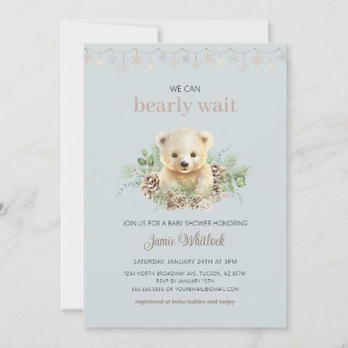 We Can Bearly Wait Blue Boy Winter Baby Shower Invitation