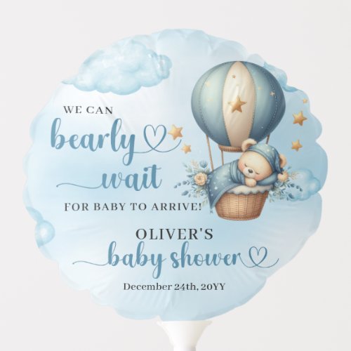We can bearly wait blue brown ivory teddy bear balloon