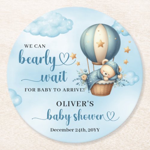 We can bearly wait blue brown ivory teddy bear round paper coaster
