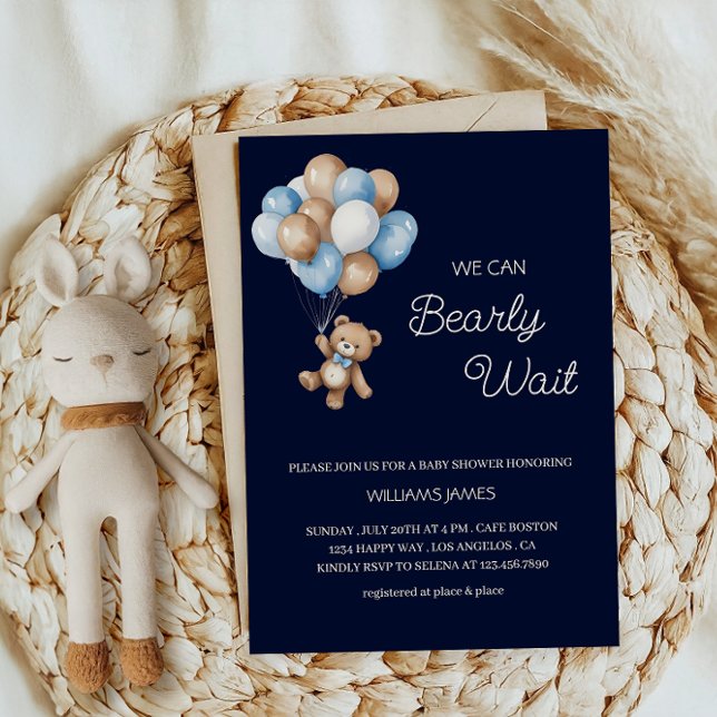 We Can Bearly Wait - Blue & Brown Teddy Bear  Invitation (Creator Uploaded)