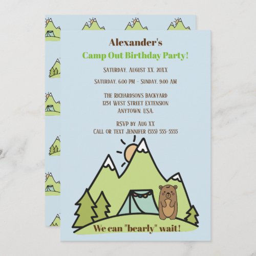 We Can Bearly Wait Blue Camp Out Birthday Party Invitation