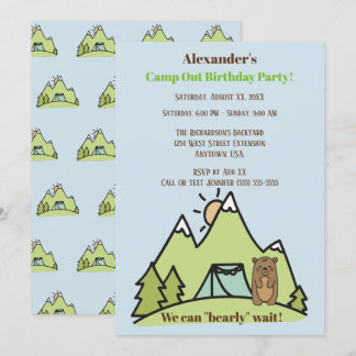 We Can Bearly Wait Blue Camp Out Birthday Party Invitation