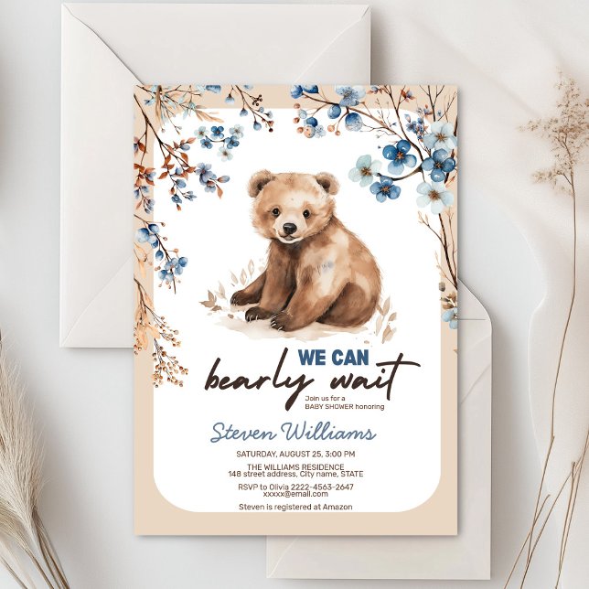 We Can Bearly Wait blue floral Baby Shower Invitation (Cute bear with rustic blue flowers baby shower invitation)