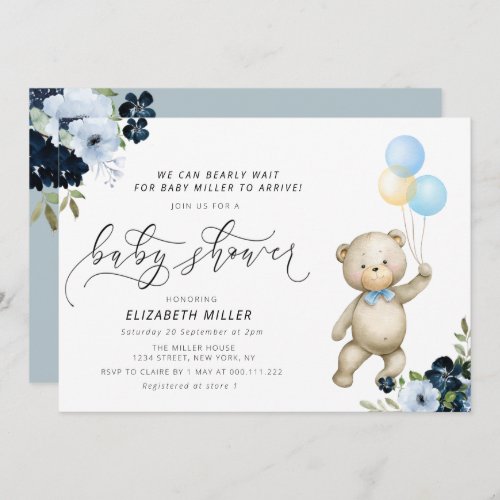 we can bearly wait blue floral baby shower invitation