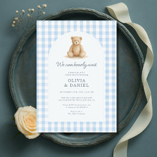 We Can Bearly Wait Blue Gingham Baby Shower Invitation