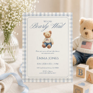 We Can Bearly Wait Blue Gingham baby shower Invitation