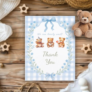 We Can Bearly Wait Blue Gingham Baby Shower  Letterpress Thank You Card