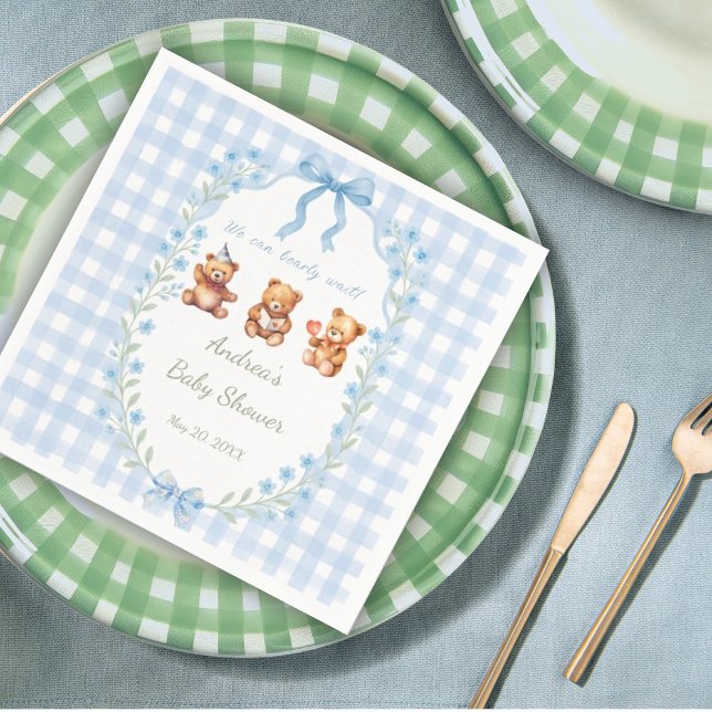 We Can Bearly Wait Blue Gingham Baby Shower  Napkins (Creator Uploaded)